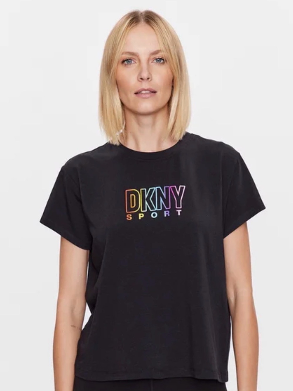 DKNY Sport Black Tee with Rainbow Outline Logo Size medium